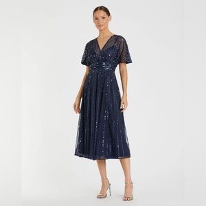 NWT $398 MAC DUGGAL A Line Embellished Short Sleeve Dress SEQUIN NAVY MIDI 14007